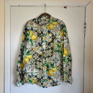 Puro Lino 100% Linen Vibrant Lemon Pattern Button Down Shirt Size XL